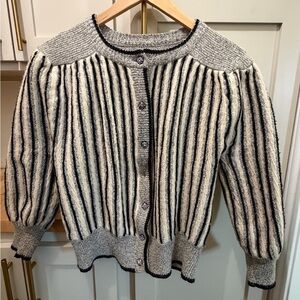 Striped Crewneck Cardigan Sweater - Gray and Cream